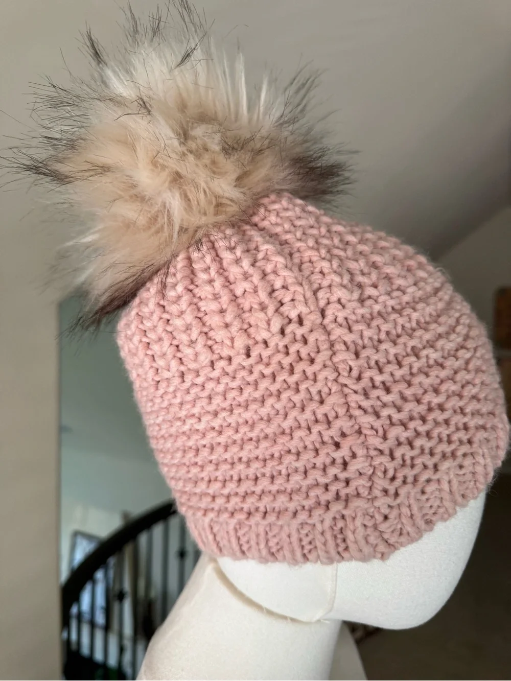 Blush Pink Italian Chunky Knit Beanie with Fur Pom